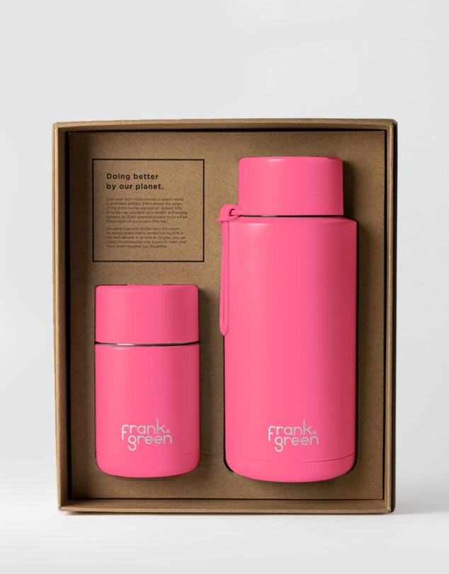 FRANK GREEN GIFT SET10oz REUSABLE CUP PUSH BUTTON + 34oz CERAMIC REUSABLE BOTTLE STRAW LID
