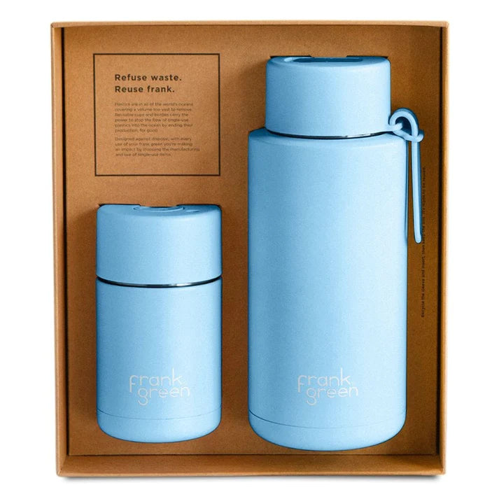 FRANK GREEN GIFT SET10oz REUSABLE CUP PUSH BUTTON + 34oz CERAMIC REUSABLE BOTTLE STRAW LID