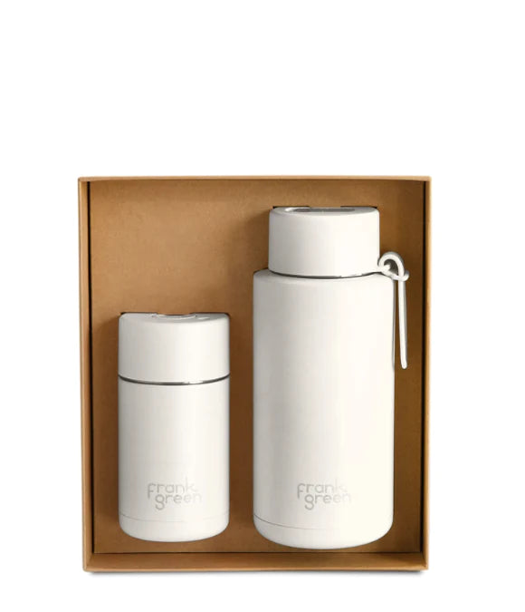 FRANK GREEN GIFT SET10oz REUSABLE CUP PUSH BUTTON + 34oz CERAMIC REUSABLE BOTTLE STRAW LID