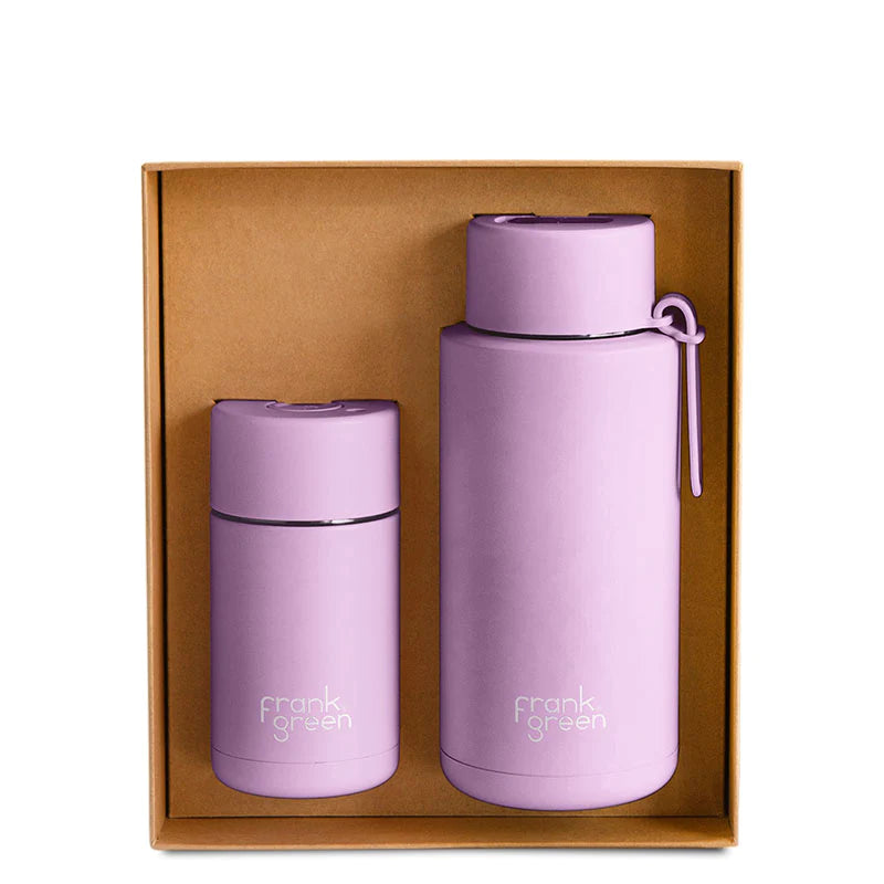 FRANK GREEN GIFT SET10oz REUSABLE CUP PUSH BUTTON + 34oz CERAMIC REUSABLE BOTTLE STRAW LID