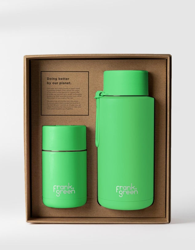 FRANK GREEN GIFT SET10oz REUSABLE CUP PUSH BUTTON + 34oz CERAMIC REUSABLE BOTTLE STRAW LID