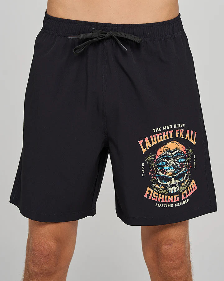 THE MAD HUEYS MENS CAUGHT FK ALL SKULL 18" ELASTI WAIST SWIM SHORT