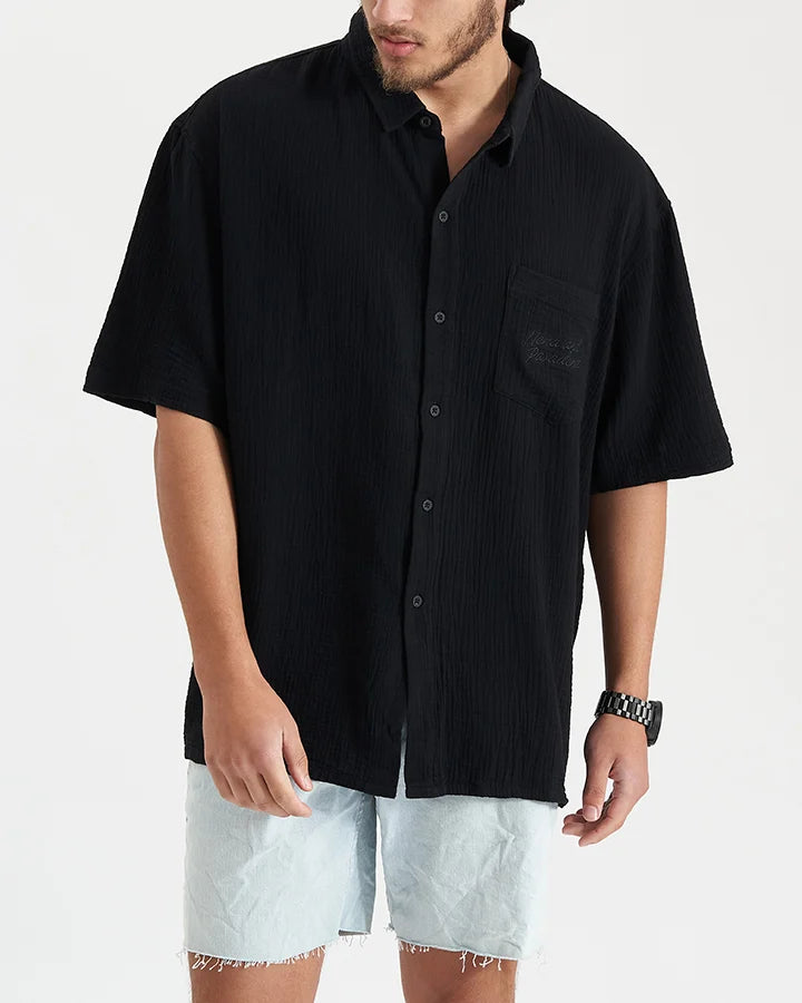 NENA & PASADENA DESTROYER OVERSIZED SHORT SLEEVE RESORT SHIRT